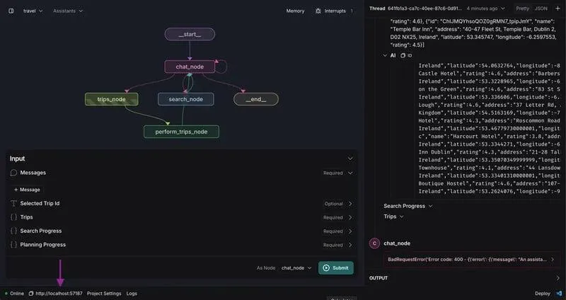 Граф агента в LangGraph Studio: узлы trip, search и perform trips, ветвление и журнал выполнения